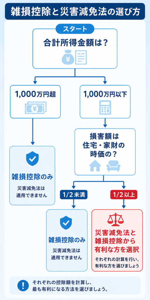 合計所得金額と損害の大きさに応じて雑損控除と災害減免法のどちらを選べるかを示したフロー図