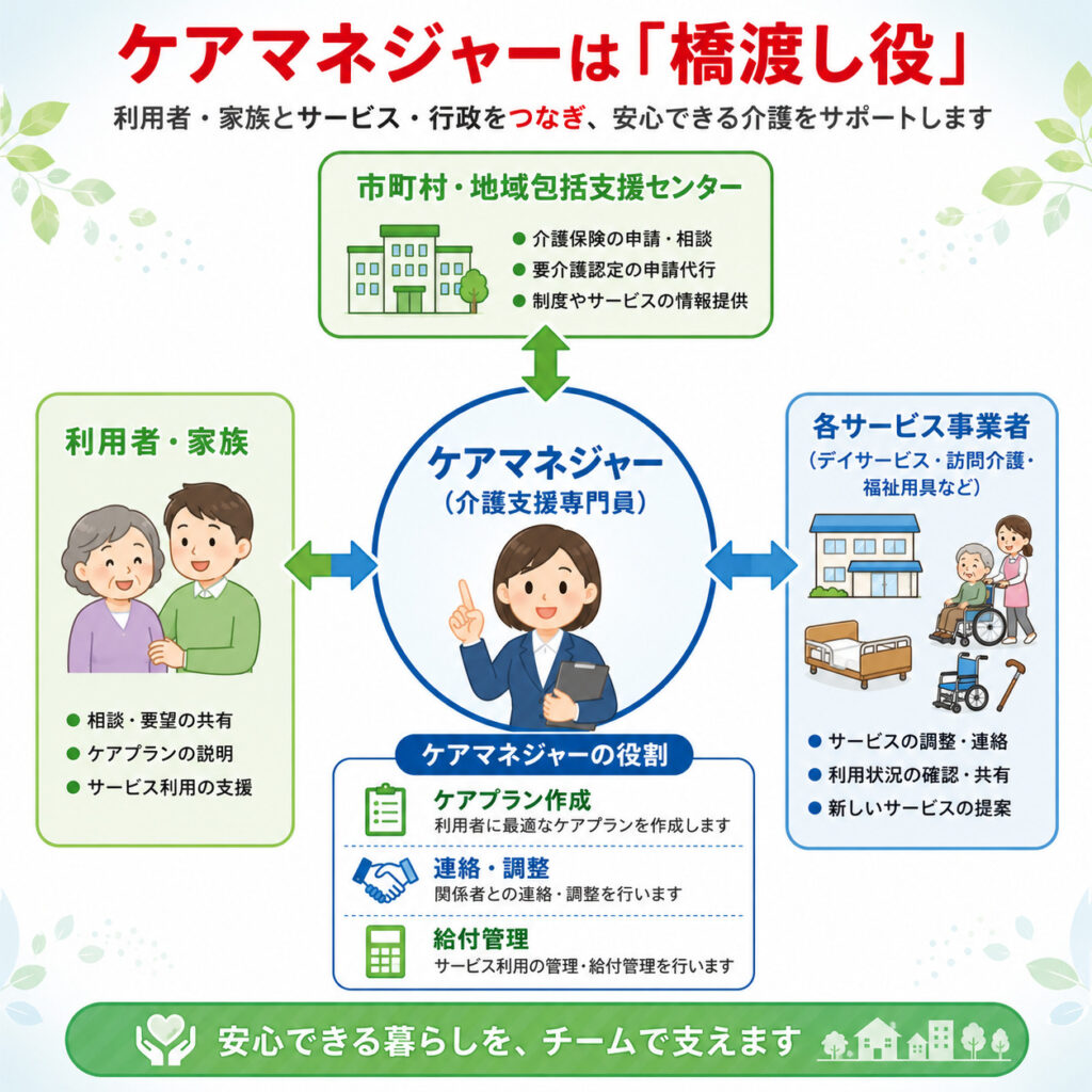 ケアマネジャーが利用者・サービス事業者・市町村の間をつなぐ橋渡し役であることを示した図解