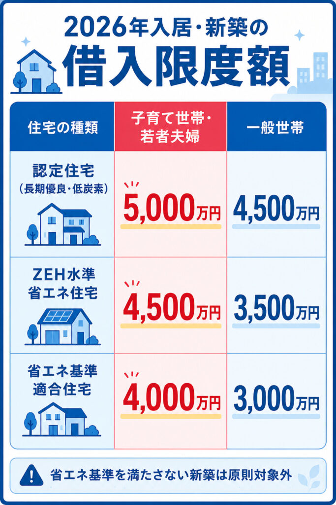 2026年入居の新築住宅の借入限度額を住宅の種類と世帯別にまとめた早見表