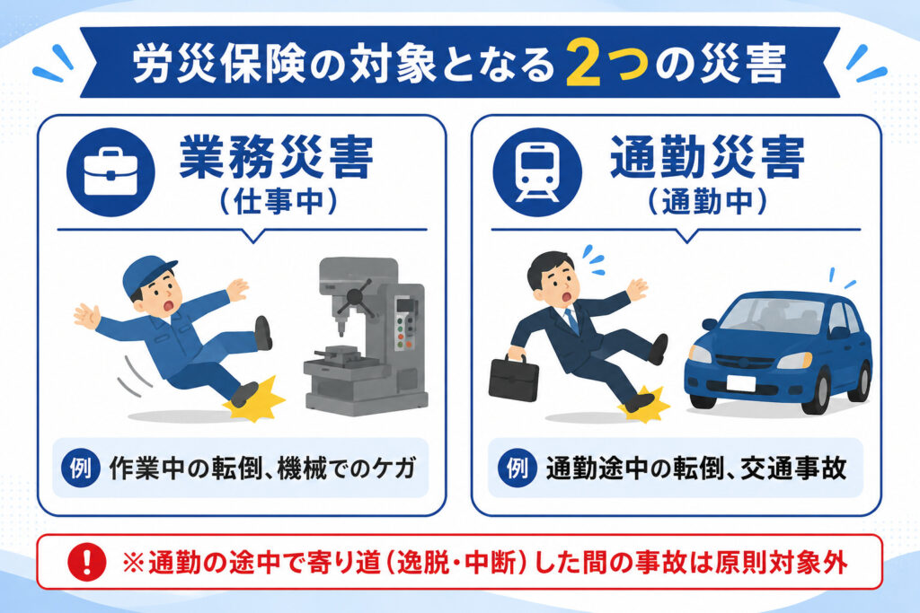 労災の2種類（業務災害と通勤災害）と、寄り道中の事故は原則対象外であることを示した図解