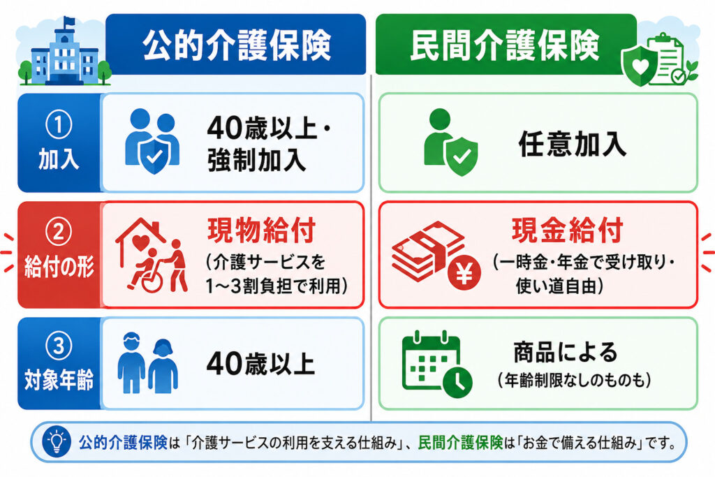 公的介護保険と民間介護保険の違い（加入・給付の形・対象年齢）を左右で比較した図解