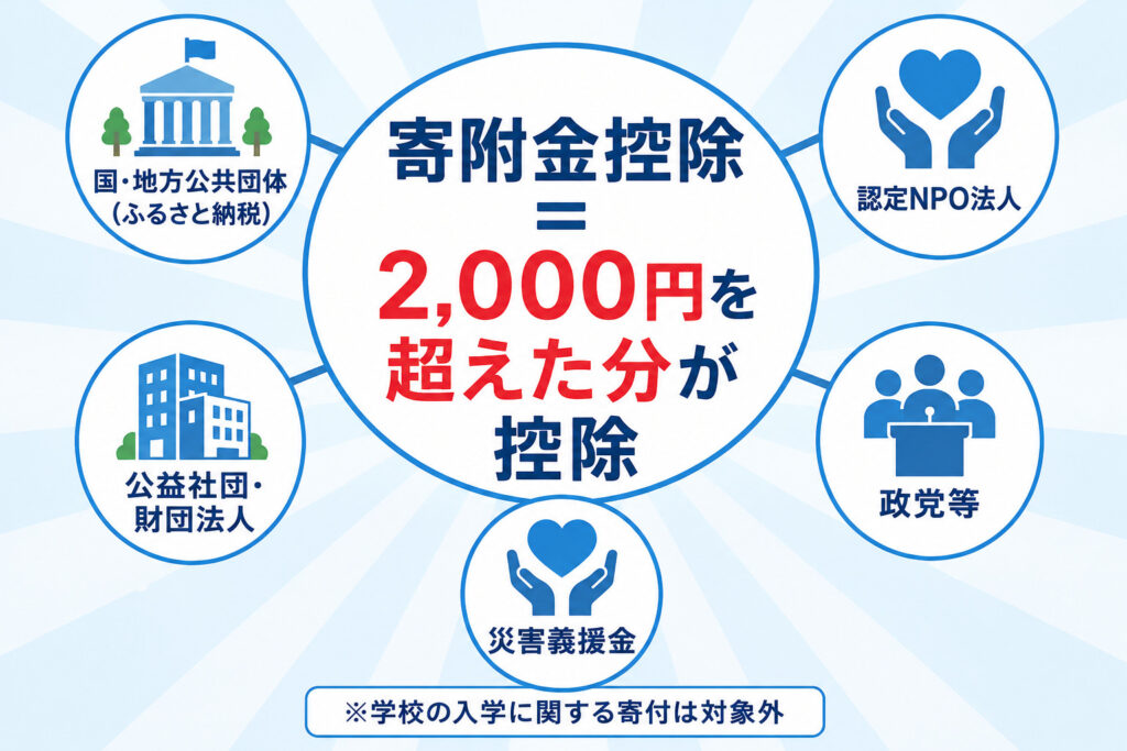 寄附金控除の対象になる寄付（ふるさと納税・認定NPO・公益法人・政党等・災害義援金）を示した一覧図