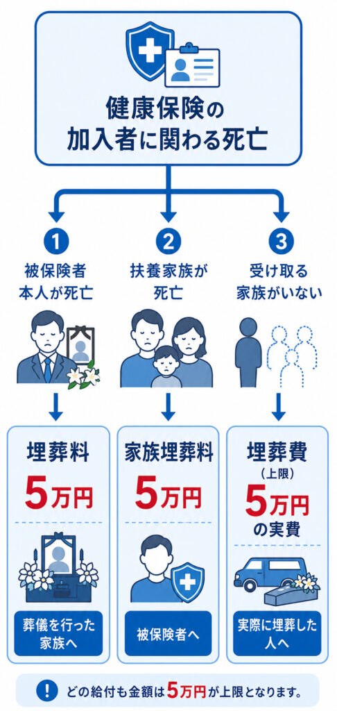 埋葬料・家族埋葬料・埋葬費の3区分（誰が亡くなり誰が受け取るか・金額5万円）を示した分岐フロー図解