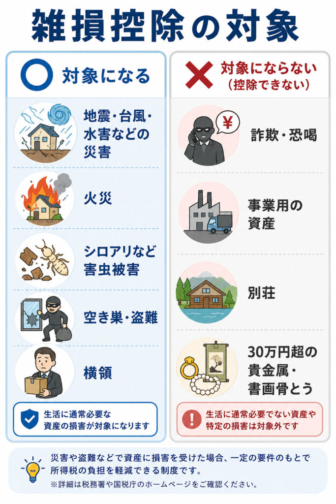 雑損控除の対象になる被害（災害・盗難・横領）と対象にならない被害（詐欺・恐喝など）を対比した図解