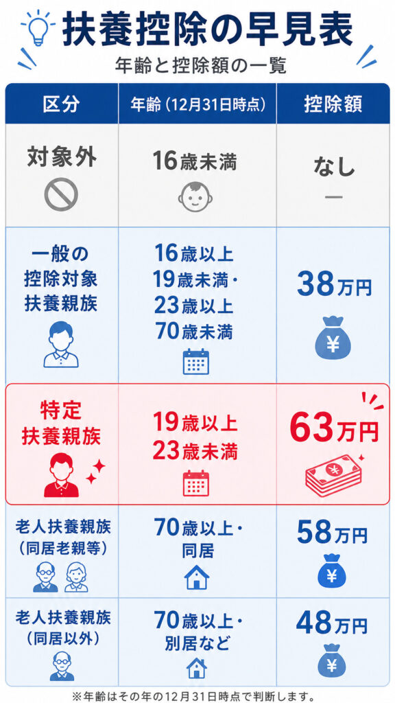 扶養親族の年齢区分別に控除額をまとめた早見表