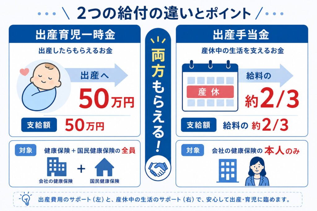 出産育児一時金と出産手当金の違い（目的・金額・対象）を左右で比較した図解