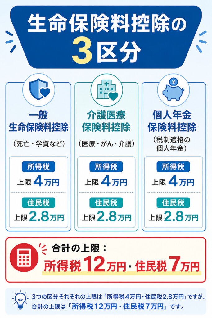 生命保険料控除の3区分（一般・介護医療・個人年金）と所得税12万円・住民税7万円の上限を示した図解