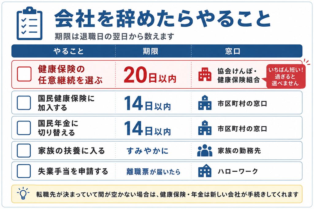 退職後にやる手続きを期限順に示した図解。国民健康保険と国民年金は14日以内、健康保険の任意継続は20日以内、失業手当は離職票が届いたらハローワークで手続きすることを示している