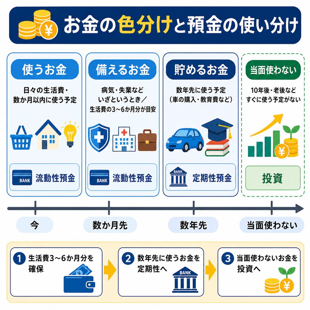 お金の色分けと預金の使い分けを示した図解。日々の生活費や備えるお金は流動性預金、数年先に使うお金は定期性預金に置くことを示している