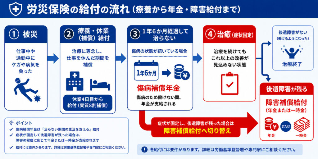 労災給付の時間の流れ（療養・休業補償→傷病補償年金→治癒＝症状固定→障害補償給付）を示した図解