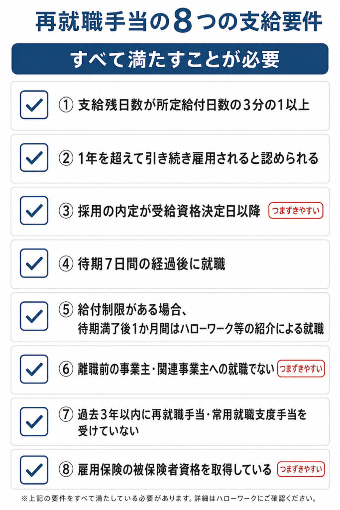 再就職手当の8つの支給要件を示したチェックリストの図解。支給残日数3分の1以上、1年を超える雇用見込み、受給資格決定日以降の内定、待期経過後の就職などをすべて満たす必要があることを示している