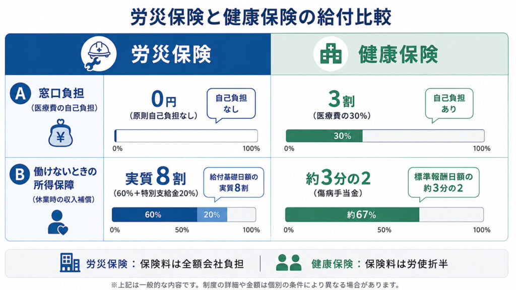 労災保険と健康保険の給付比較の図解。窓口負担は労災が原則ゼロで健康保険が3割、休業時の所得保障は労災が実質8割で健康保険の傷病手当金が約3分の2であることを示している