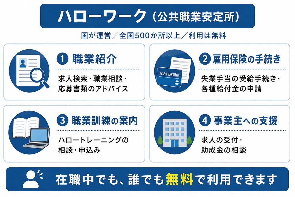 ハローワークでできることを示した図解。職業紹介、雇用保険の手続き、職業訓練の案内、事業主への助成金という4つの役割があることを示している