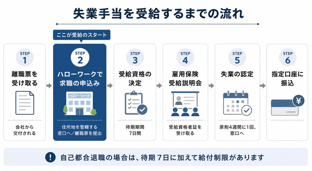 ハローワークで失業手当を受給するまでの流れを示した図解。離職票の受け取り、求職の申込み、待期期間、雇用保険受給説明会、失業の認定、振込という順に進むことを示している