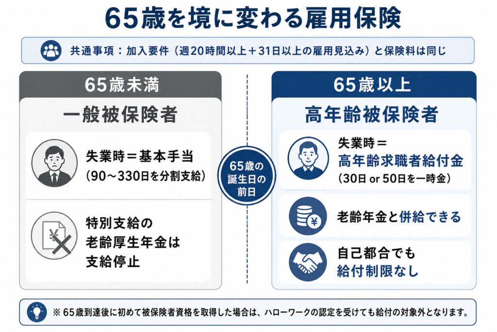 一般被保険者と高年齢被保険者の違いを示した図解。65歳を境に、失業時の給付が基本手当から高年齢求職者給付金に変わり、年金との併給が可能になることを示している