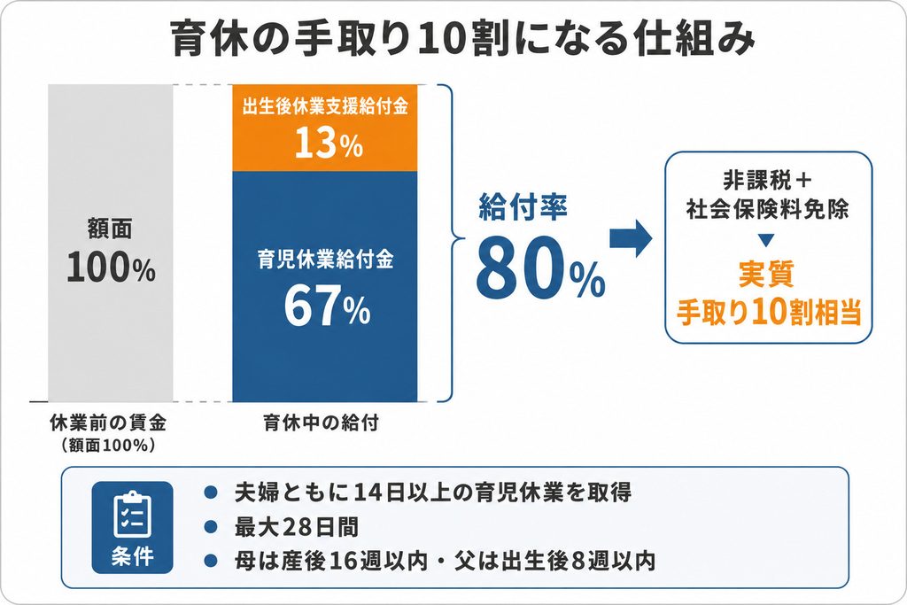 育児休業給付金に出生後休業支援給付金が上乗せされる仕組みを示した図解。67パーセントに13パーセントが加わり給付率80パーセントとなり手取り10割相当になることを示している