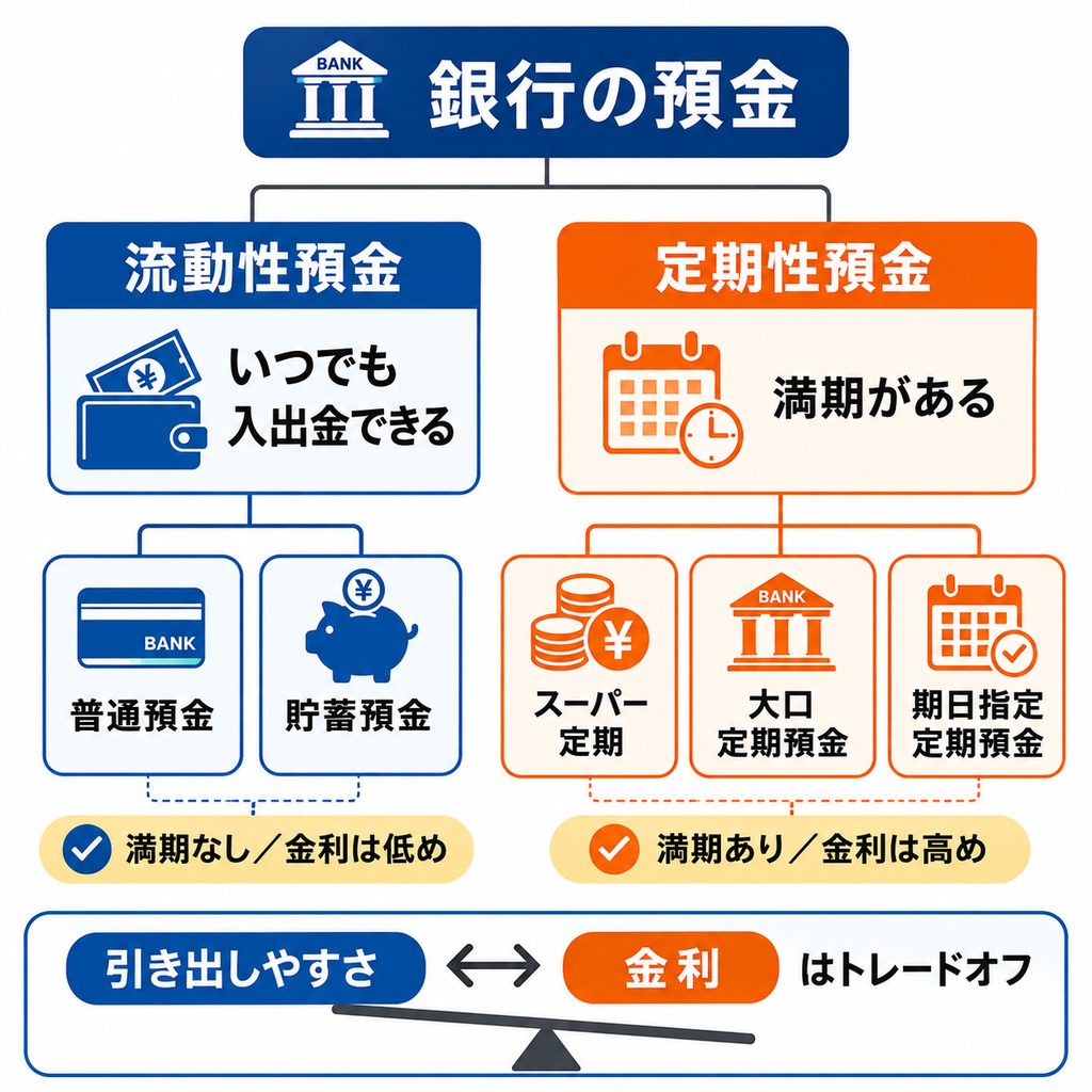 銀行の預金の分類を示した図解。いつでも入出金できる流動性預金には普通預金や貯蓄預金があり、満期がある定期性預金にはスーパー定期や大口定期預金などがあることを示している