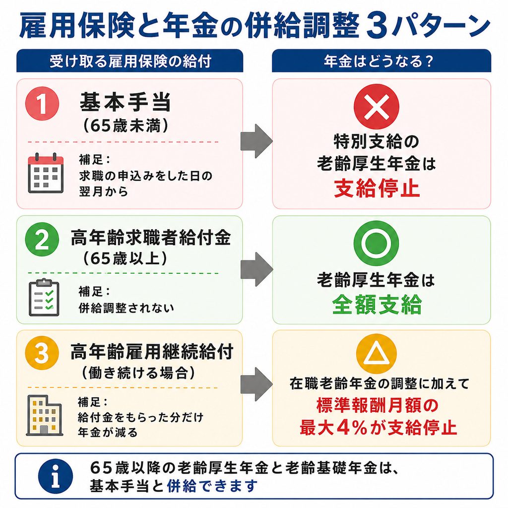 65歳を境に変わる退職後の受け取り方を示した図解。65歳未満は基本手当を受けられるが年金が支給停止、65歳以上は高年齢求職者給付金と年金を両方受け取れることを示している