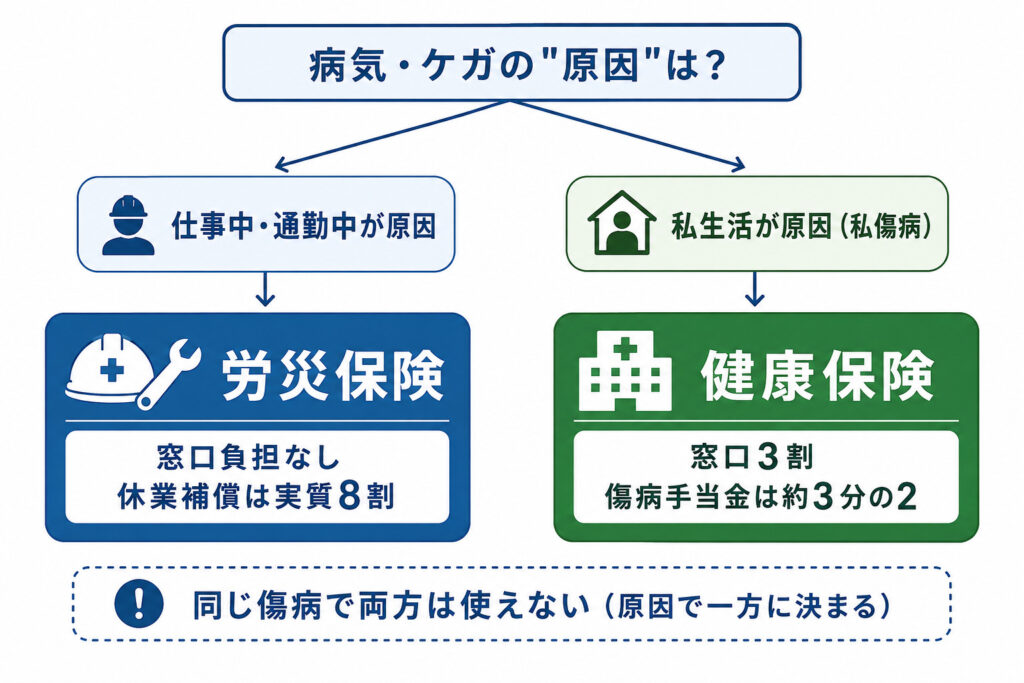 労災保険と健康保険の使い分けを示した図解。病気・ケガの原因が仕事中・通勤中なら労災保険、私生活なら健康保険に分岐することを示している