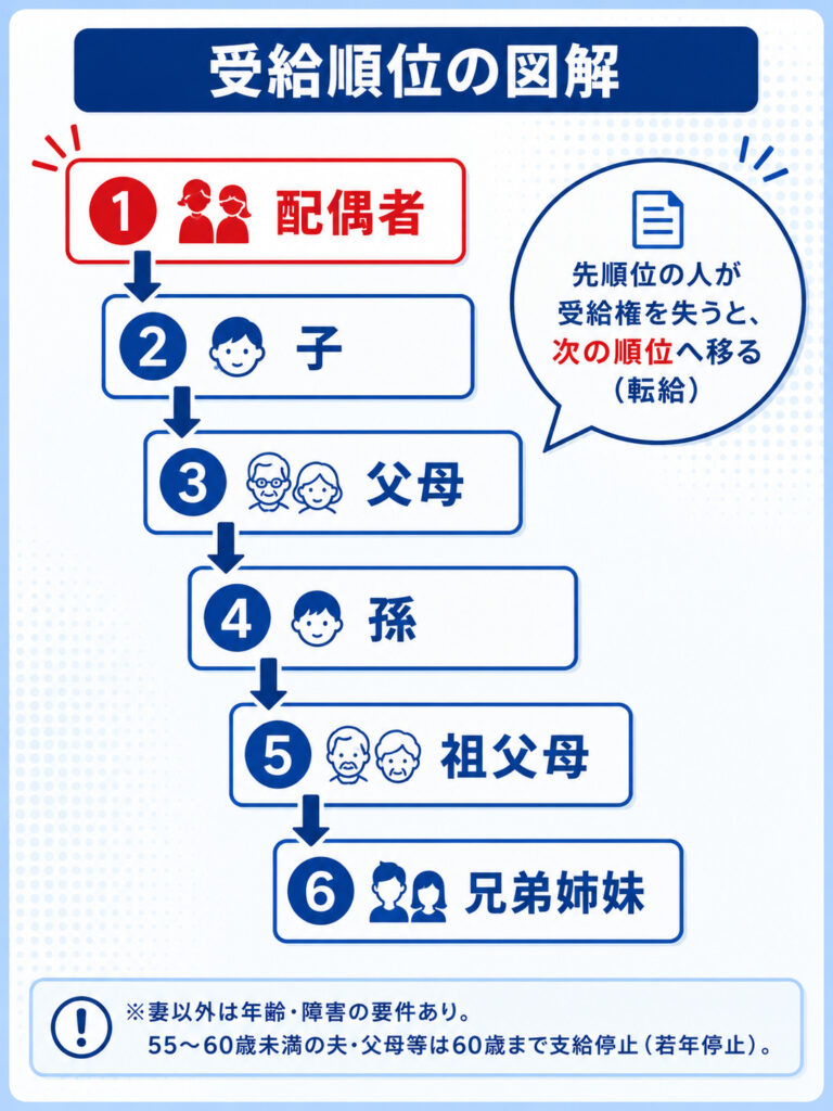 遺族補償年金の受給順位（配偶者→子→父母→孫→祖父母→兄弟姉妹）と転給の仕組みを示した図解