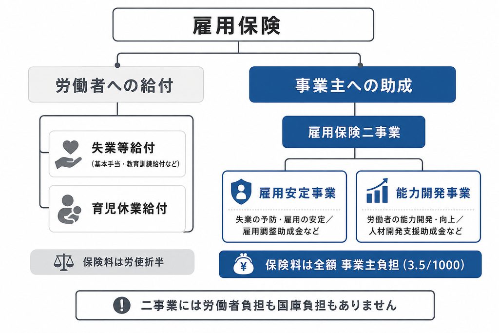 雇用保険の全体構造を示した図解。労働者への給付である失業等給付や育児休業給付と、事業主への助成である雇用保険二事業に分かれ、二事業は雇用安定事業と能力開発事業で構成されることを示している