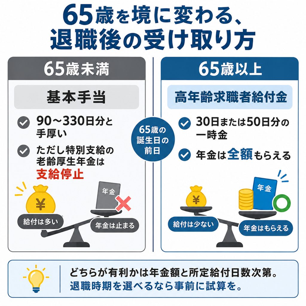 雇用保険と公的年金の併給調整を示した図解。基本手当と特別支給の老齢厚生年金は併給されず年金が支給停止、高年齢求職者給付金は年金と全額併給できることを示している