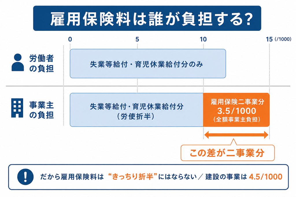 雇用保険料の負担区分を示した図解。労働者は失業等給付と育児休業給付の分だけを負担し、事業主はそれに加えて雇用保険二事業分を全額負担することを示している