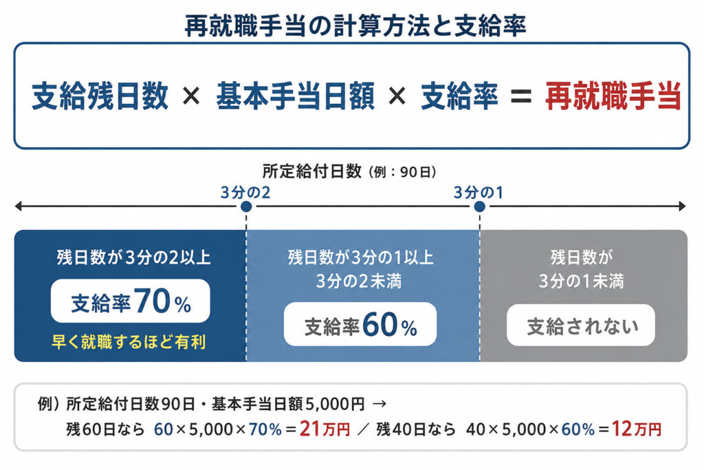 再就職手当の計算方法を示した図解。支給残日数に基本手当日額と支給率を掛けて算出し、残日数が所定給付日数の3分の2以上なら70パーセント、3分の1以上なら60パーセントになることを示している