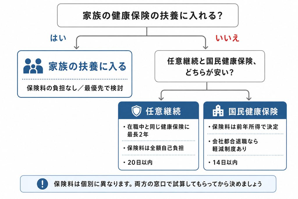 退職後の健康保険の選び方を示したフロー図。家族の扶養に入れるかをまず確認し、入れない場合は任意継続と国民健康保険の保険料を比較して選ぶことを示している