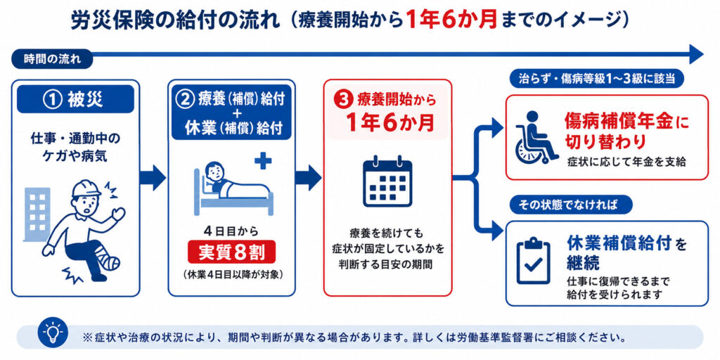 労災給付の時間の流れ（被災→療養・休業補償→1年6か月経過→傷病補償年金に切り替わり）を示した図解