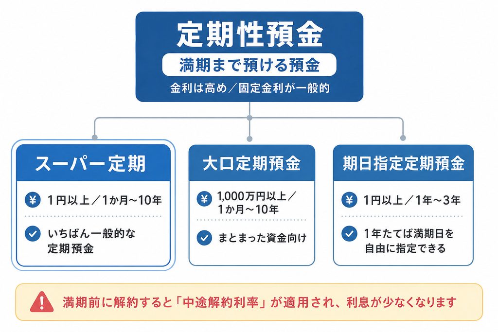 定期性預金の種類を示した図解。満期がある定期性預金にはスーパー定期、大口定期預金、期日指定定期預金があり、それぞれ預入金額や期間が異なることを示している