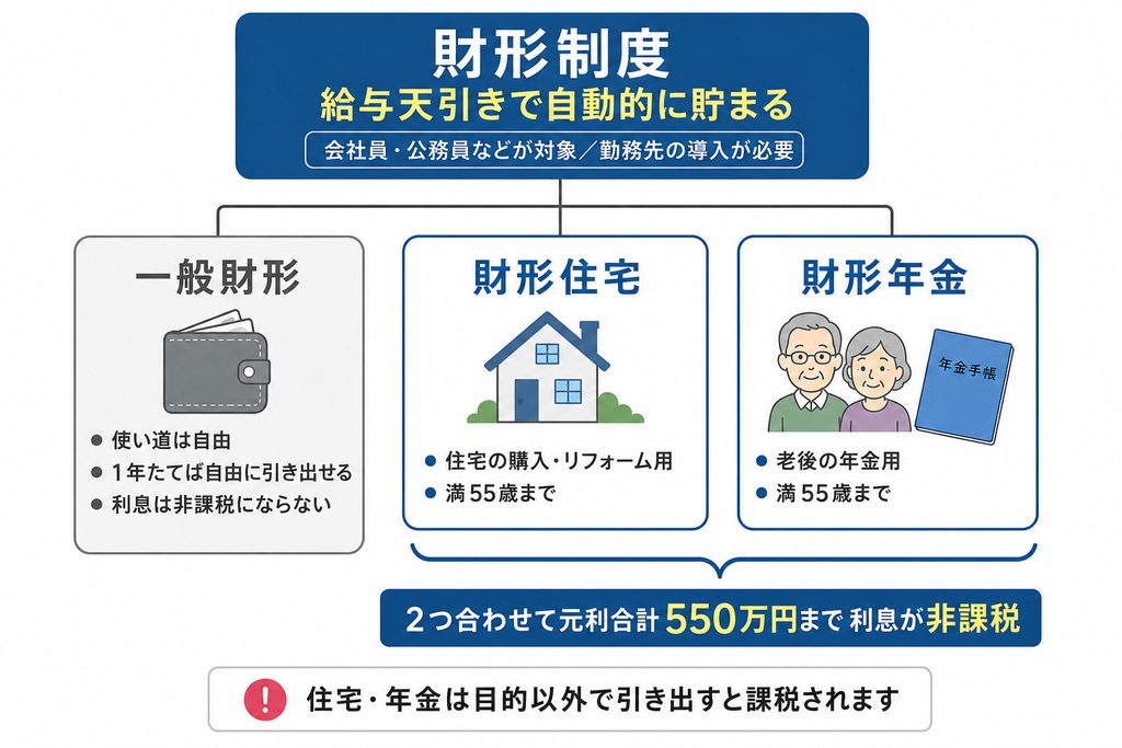 財形制度の3つの種類を示した図解。使い道が自由な一般財形、住宅資金のための財形住宅、老後資金のための財形年金があり、住宅と年金は利息が非課税になることを示している