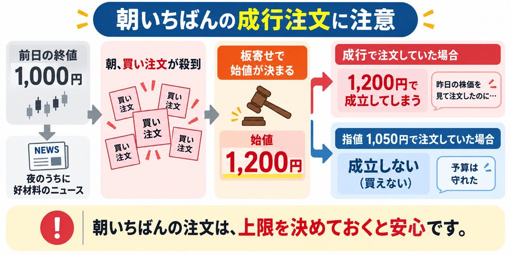 取引開始前の成行注文の注意点を示した図解。夜のうちにニュースが出ると始値が大きく上がることがあり、成行注文では想定より高い値段で成立してしまうことを示している