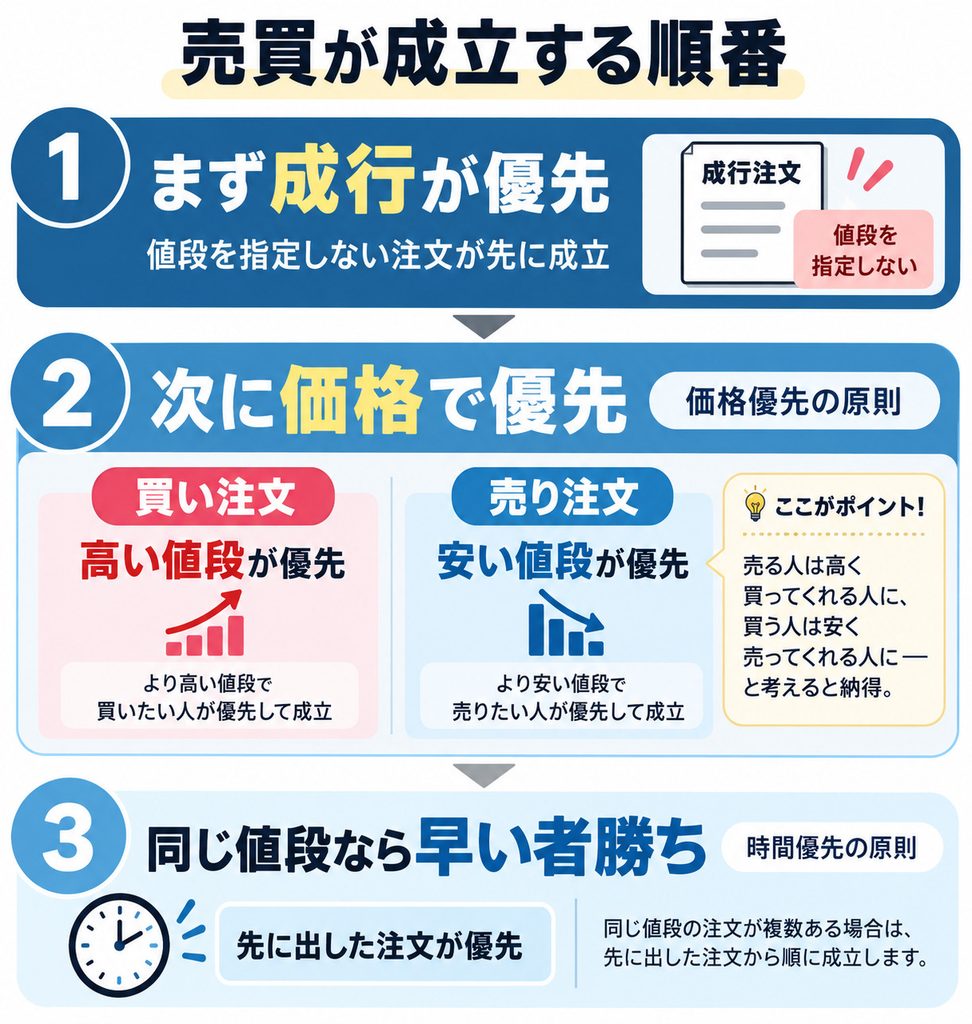 株式の売買が成立する順番を示した図解。成行注文が最も優先され、次に価格優先の原則で買いは高い値段・売りは安い値段が優先され、同じ値段なら時間優先の原則で先の注文が優先されることを示している