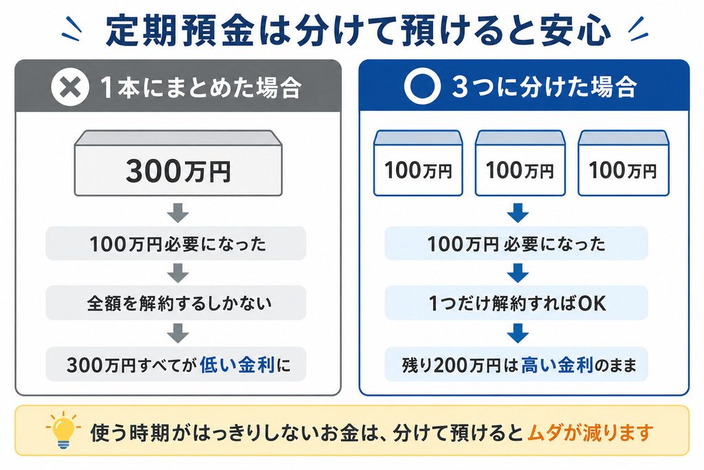 定期預金を分けて預ける工夫を示した図解。1本にまとめると全額解約が必要になるが、3つに分けておけば必要な分だけ解約でき、残りは高い金利のまま続けられることを示している
