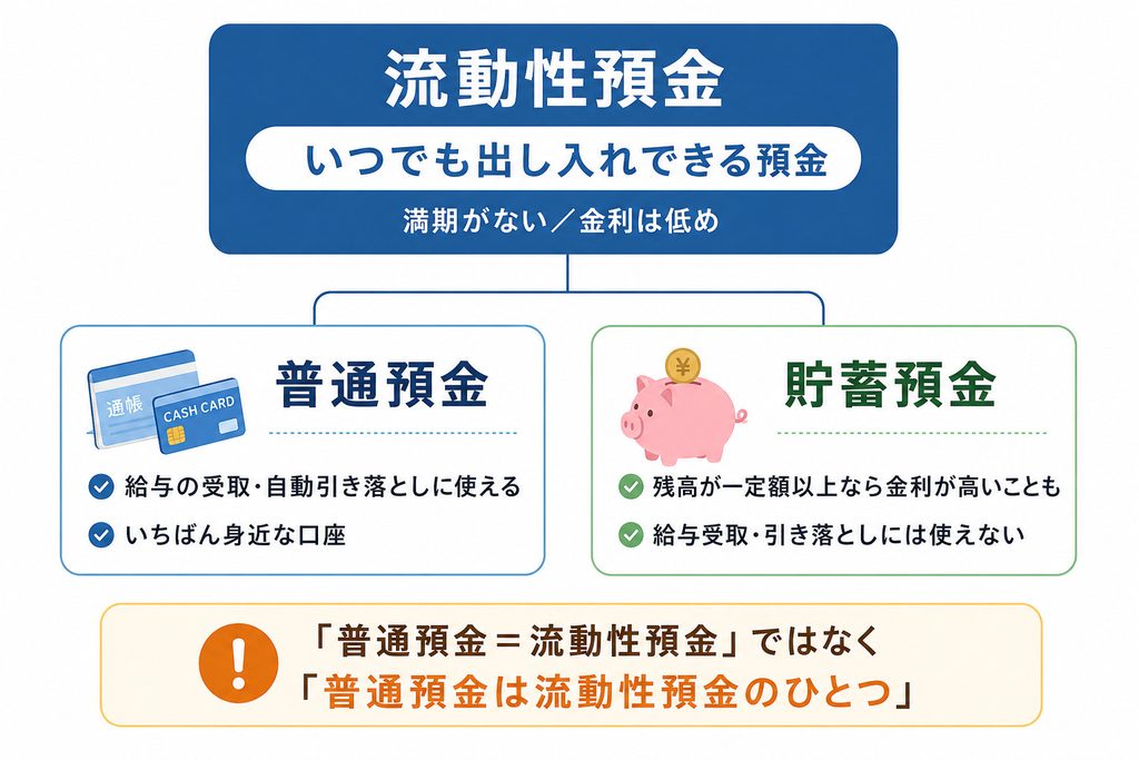 流動性預金の種類を示した図解。いつでも入出金できる流動性預金には普通預金と貯蓄預金があり、それぞれの特徴が異なることを示している