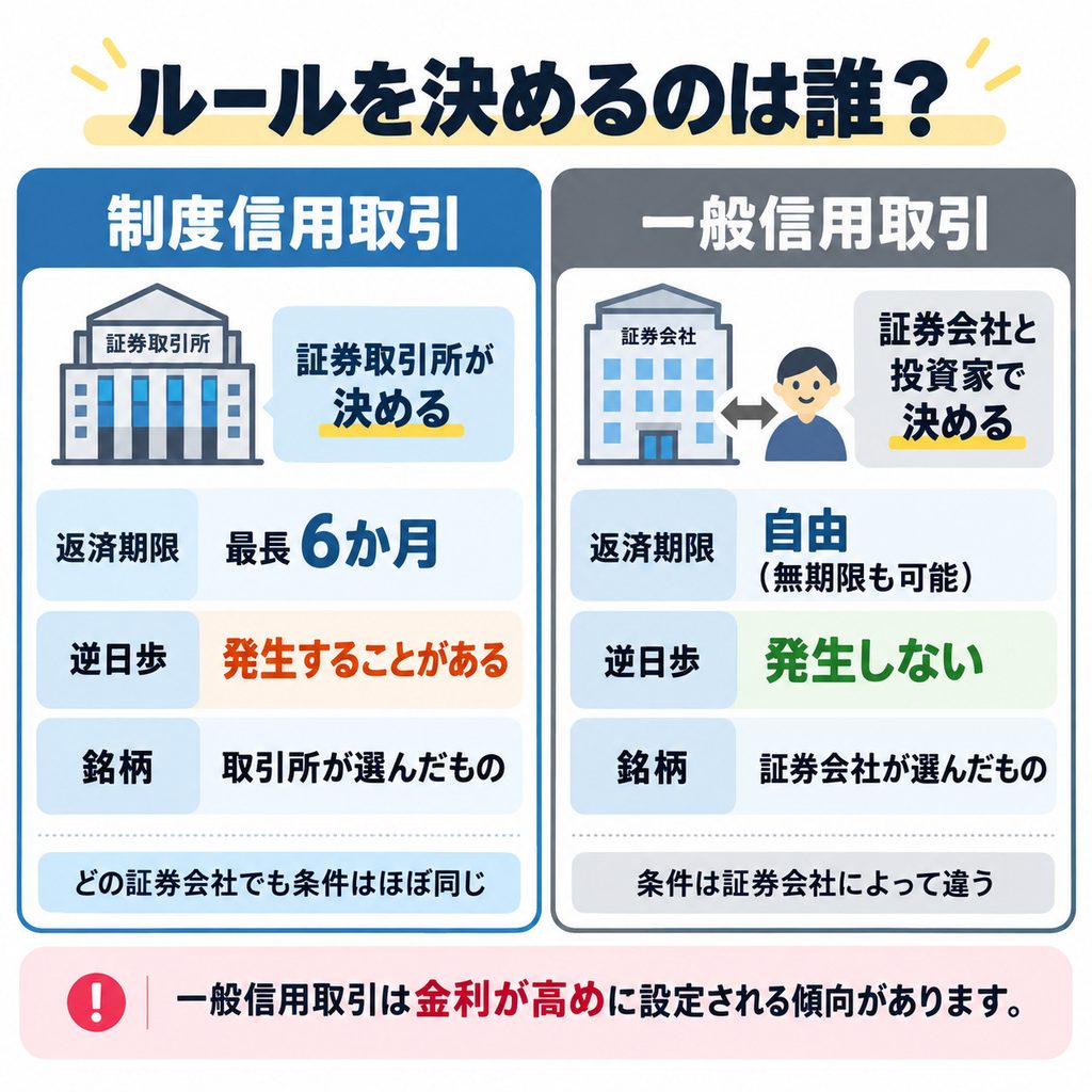 制度信用取引と一般信用取引の違いを示した図解。制度信用は取引所がルールを決め返済期限は最長6か月、一般信用は証券会社と投資家が自由に決め無期限も可能であることを示している