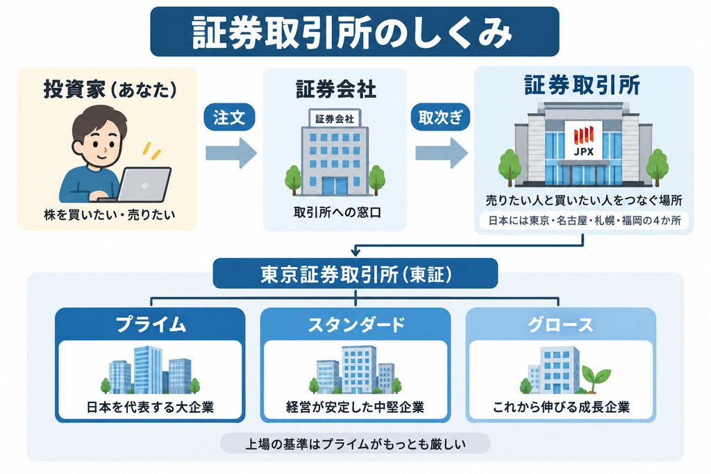 証券取引所のしくみを示した図解。投資家が証券会社に注文を出し、証券会社が証券取引所につなぐ流れと、東証がプライム・スタンダード・グロースの3市場に分かれていることを示している