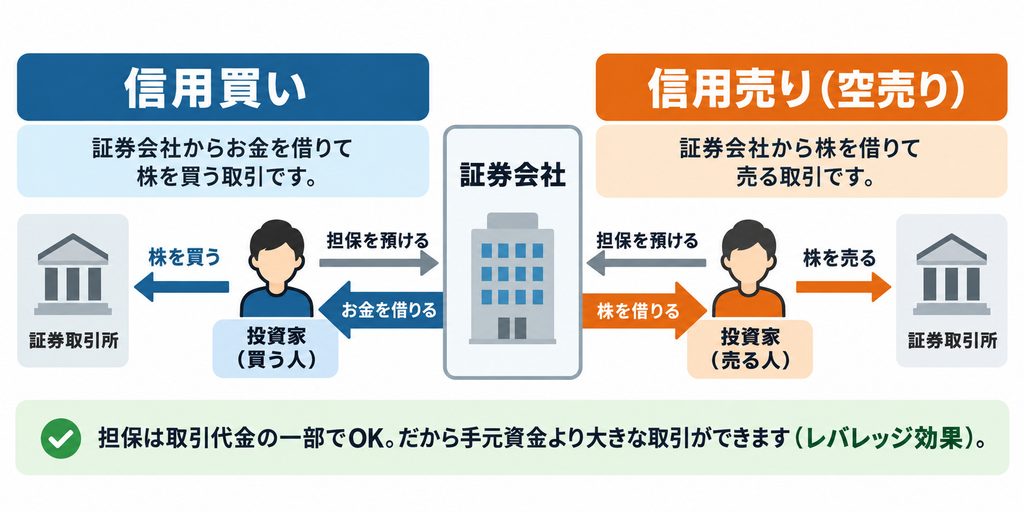 信用取引のしくみを示した図解。投資家が証券会社に委託保証金を預け、信用買いではお金を借りて株を買い、信用売りでは株を借りて売ることを示している