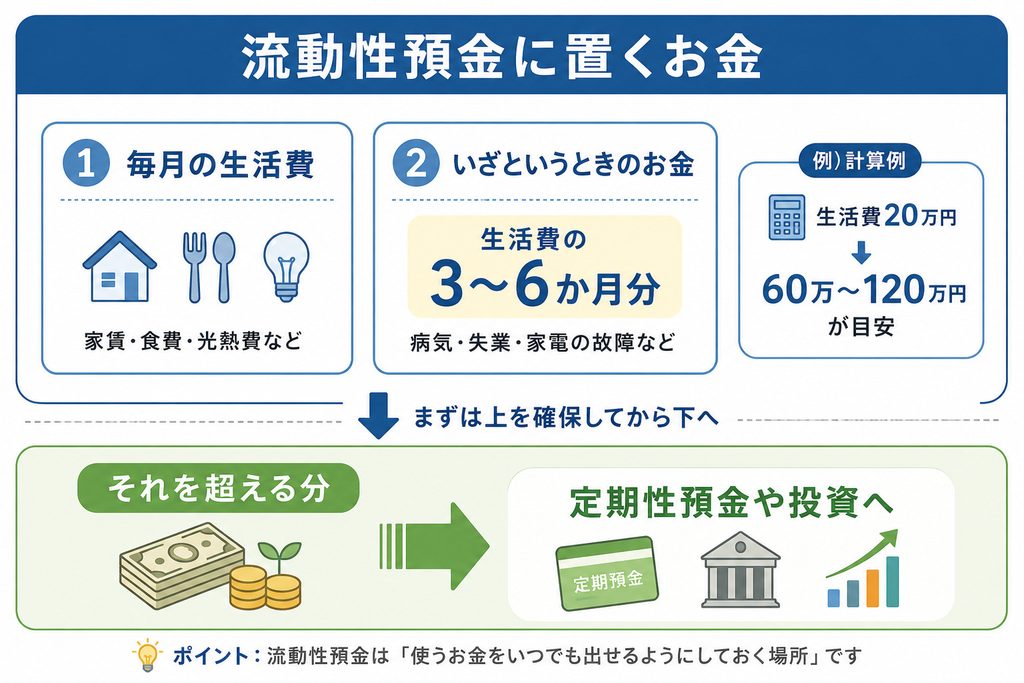 流動性預金に置いておく金額の目安を示した図解。毎月の生活費といざというときのお金として生活費の3から6か月分を確保し、それを超える分を定期性預金や投資に回すことを示している