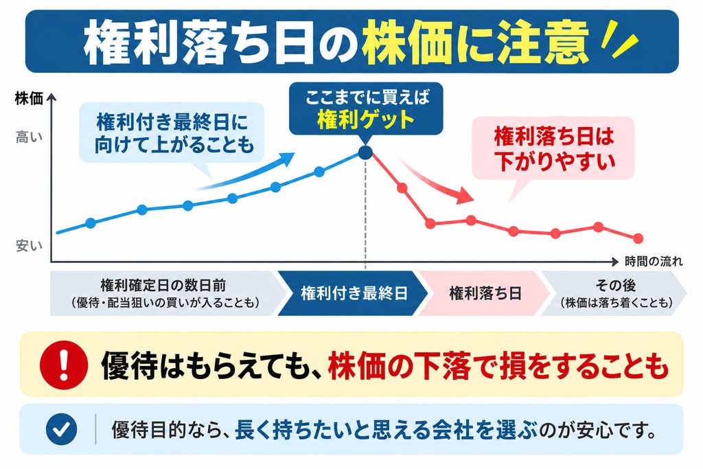 権利落ち日の株価の動きを示した図解。権利付き最終日に向けて株価が上がりやすく、権利落ち日には下がりやすい傾向があることを示している