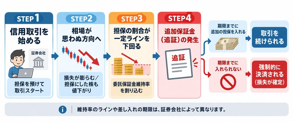 追加保証金が発生するまでの流れを示した図解。損失が膨らんで担保の割合が一定ラインを下回ると追証が発生し、期限までに入れないと強制決済されることを示している