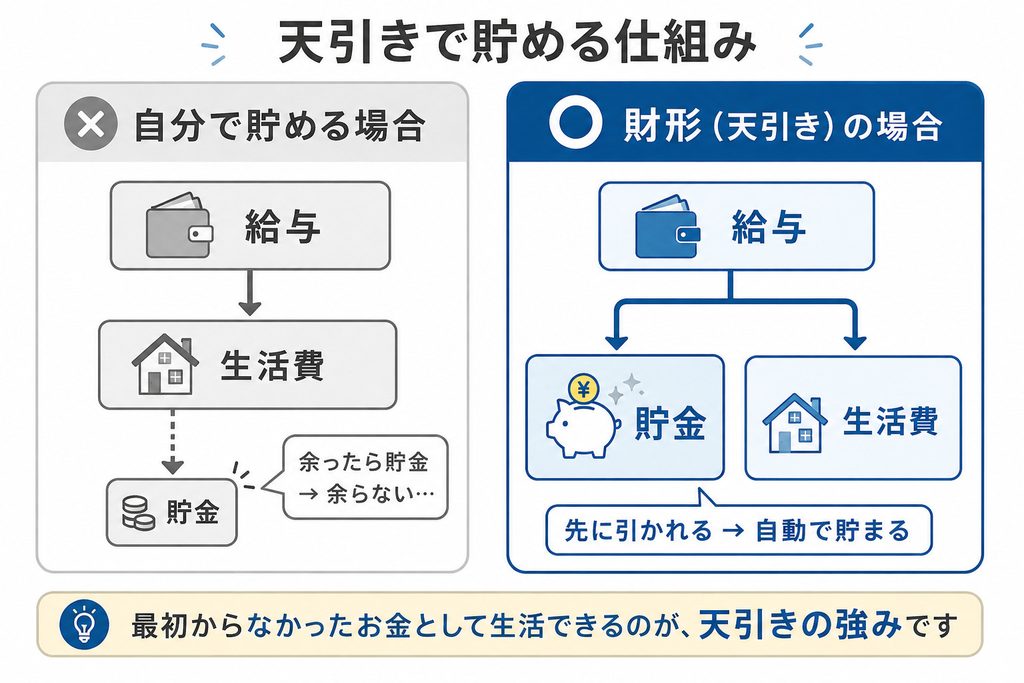 天引きで貯める仕組みを示した図解。余ったら貯金する方法と違い、財形制度では給与から先に天引きされるため自動的に貯まることを示している