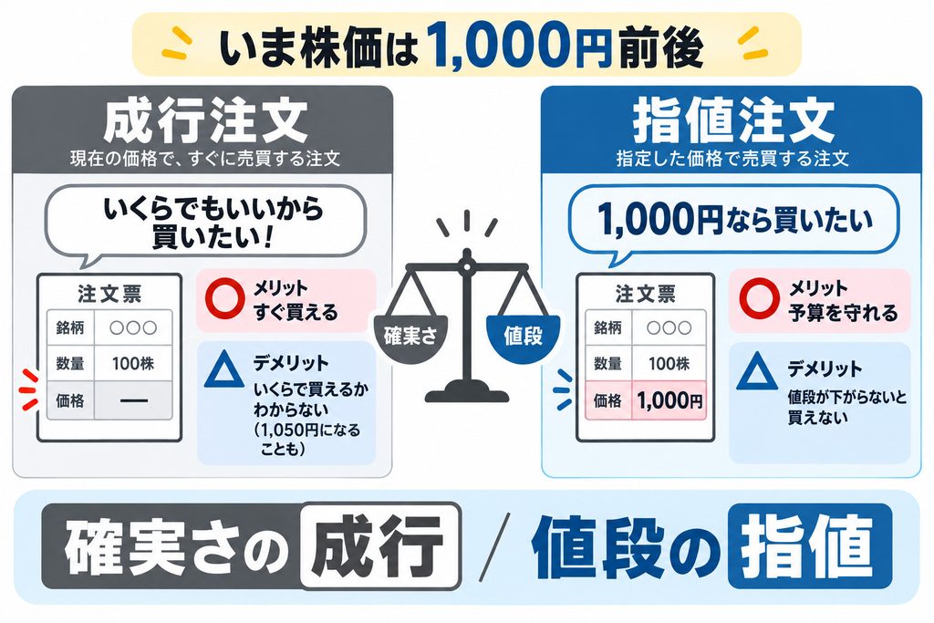 成行注文と指値注文の違いを示した図解。成行注文は値段を指定せずすぐ成立しやすく、指値注文は値段を指定するため希望どおりの価格で買えるが成立しないこともあることを示している