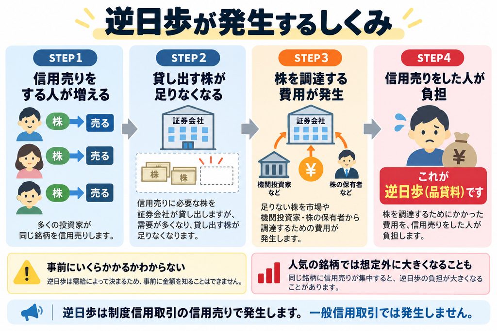 逆日歩が発生するしくみを示した図解。信用売りが増えて貸し出す株が不足すると株の調達費用が発生し、信用売りをした人が負担することを示している