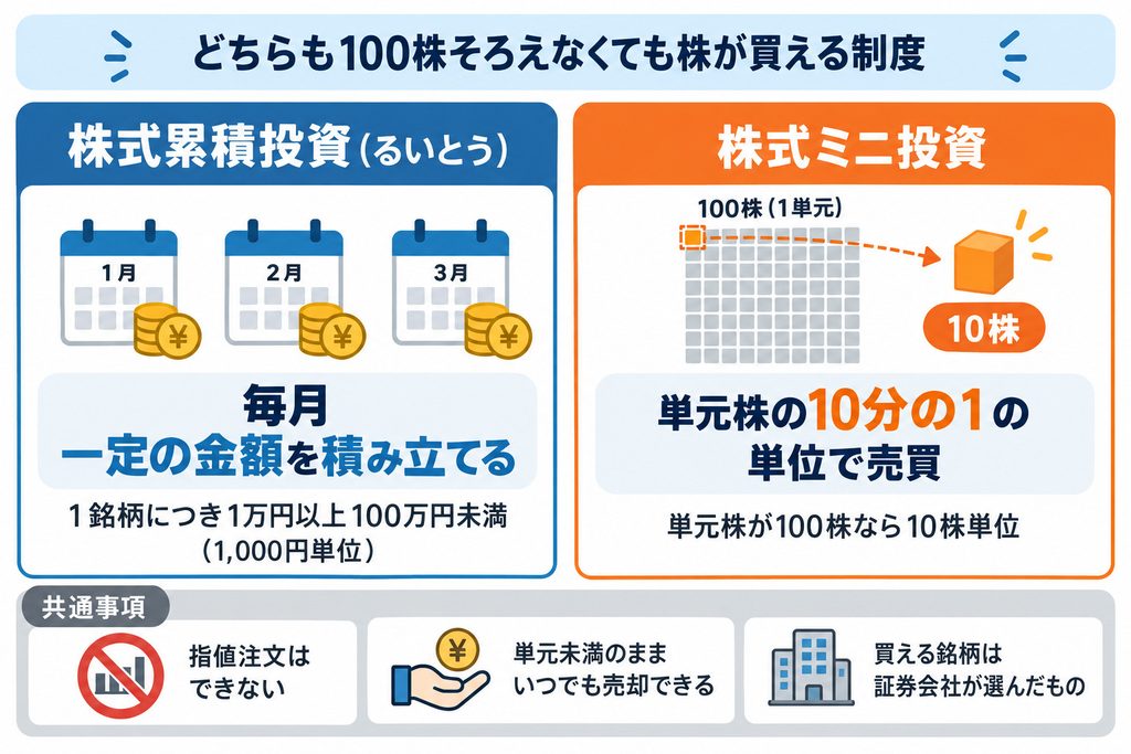 株式累積投資と株式ミニ投資の違いを示した図解。るいとうは毎月一定金額を積み立てて買う方法、株式ミニ投資は単元株の10分の1の単位で売買する方法であることを示している