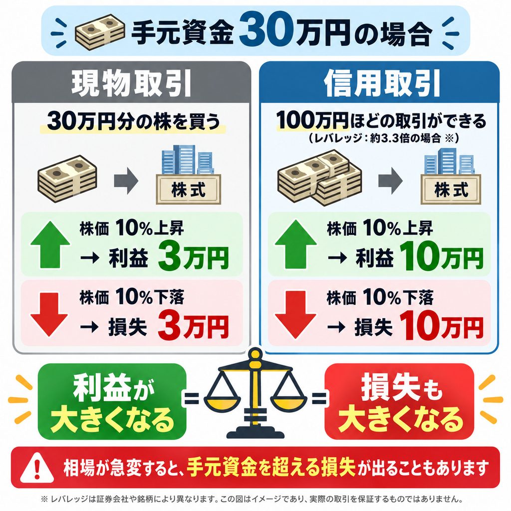 レバレッジ効果による損益の違いを示した図解。手元資金30万円の場合、現物取引では利益も損失も3万円だが、信用取引では10万円になることを示している